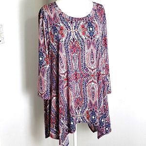 Honeyme Red, White & Blue Paisley Design Tunic, Longer on the Sides, Size 1X